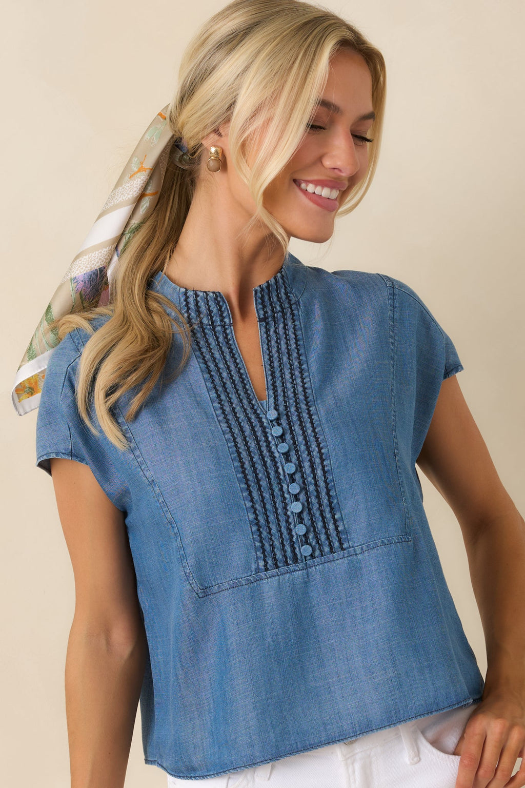 Blue Skies Ahead Chambray Blue Embroidered Top