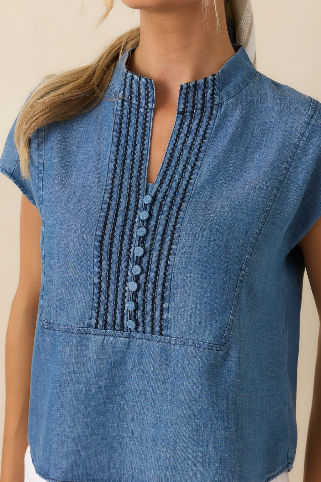 Blue Skies Ahead Chambray Blue Embroidered Top