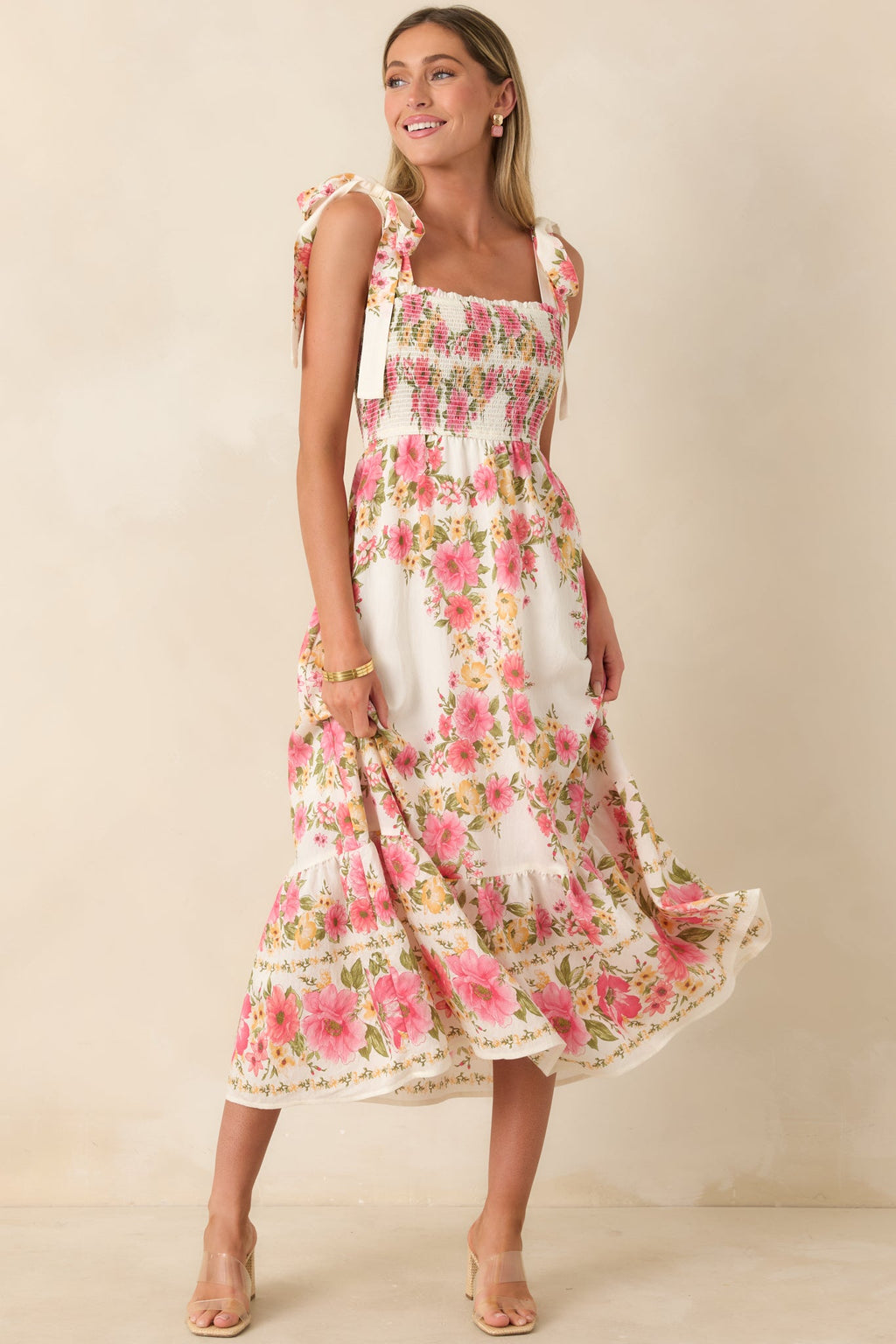 Flower Girl Energy Pink Multi Floral Smocked Tie Strap Midi Dress