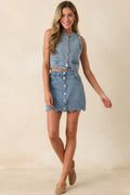 Bend the Rules Medium Wash Cotton Denim Scalloped Crop Top