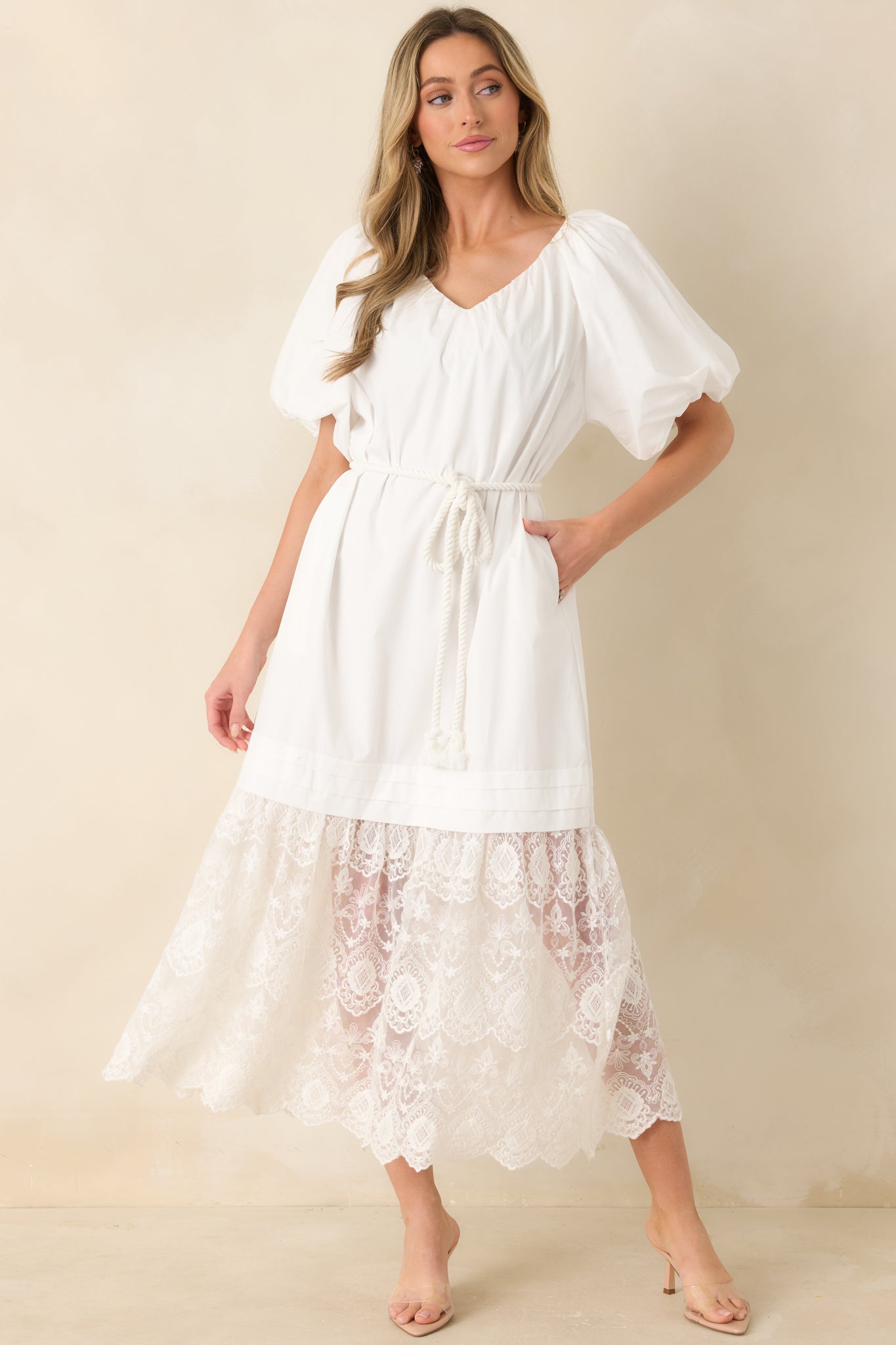 Je T'aime Toujours White Cotton & Gathered Lace Maxi Dress