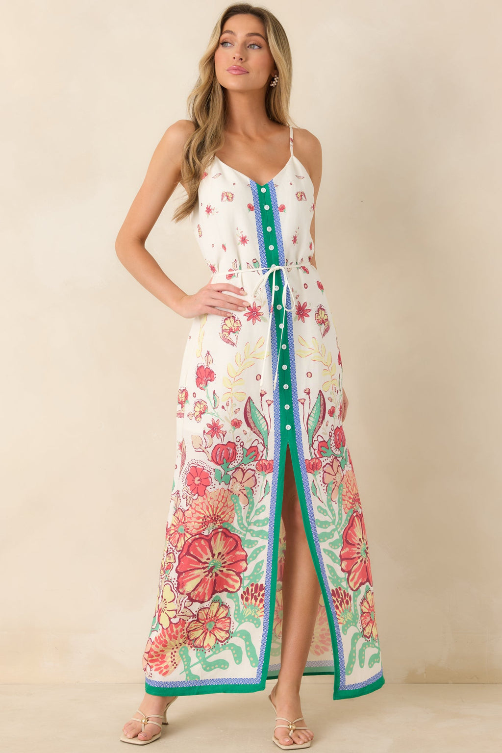 Floral Fantasy Green & Coral Pink Floral Maxi Dress