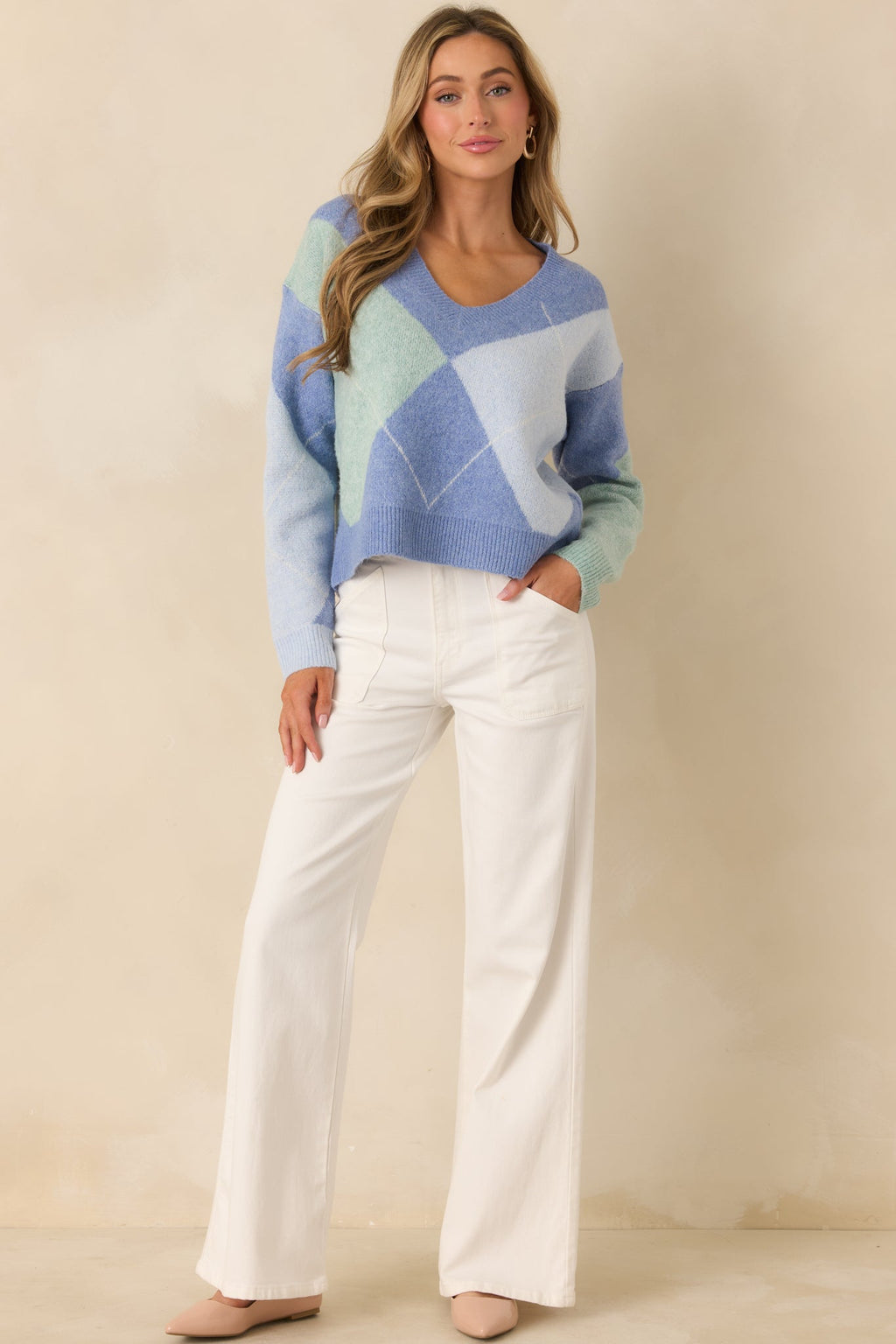 Just My Style Blue Multi Knit Argyle V-Neck Sweater