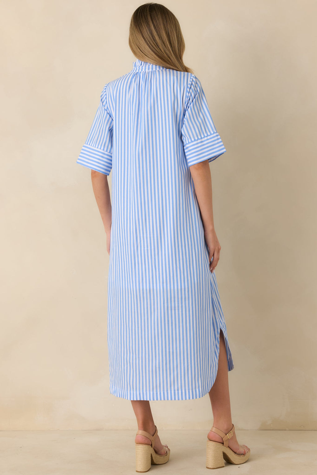 In Perfect Order Blue Stripe Button Front Ruffle Collar Midi Shirt Dress