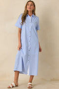 Pretty in Pinstripes Blue Cotton Stripe Button Front Maxi Shirt Dress