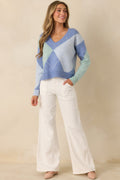 Just My Style Blue Multi Knit Argyle V-Neck Sweater