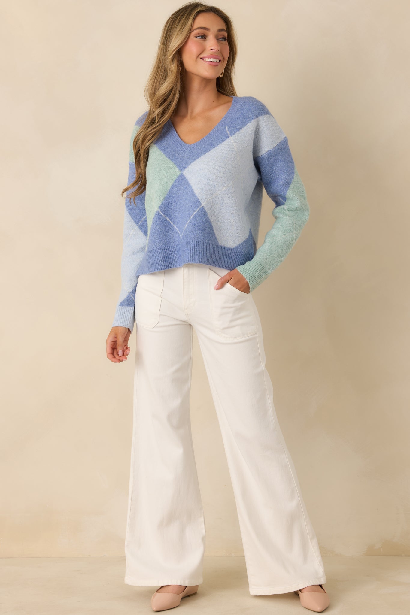 Just My Style Blue Multi Knit Argyle V-Neck Sweater