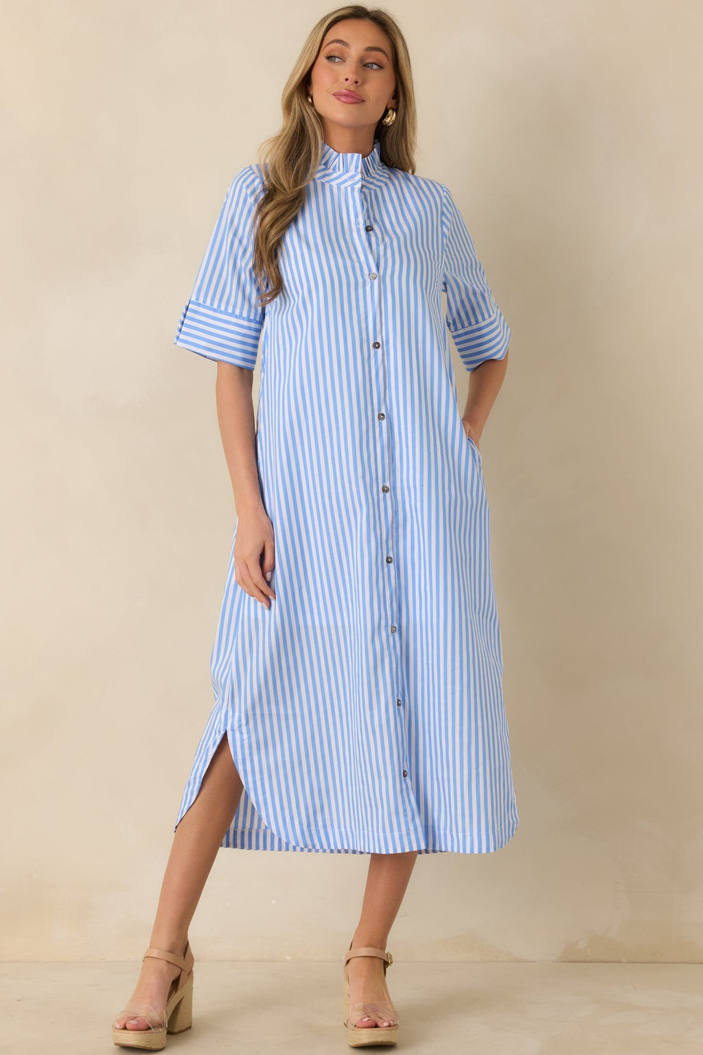 In Perfect Order Blue Stripe Button Front Ruffle Collar Midi Shirt Dress