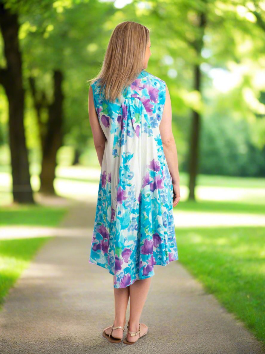 A-line Seeveless Dress in Lilac/Blue on White