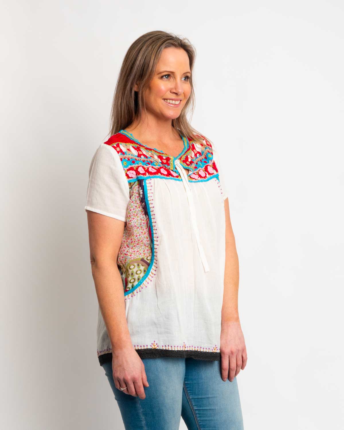 Embroidered Tunic Top in Moss Cotton and Cotton Silk