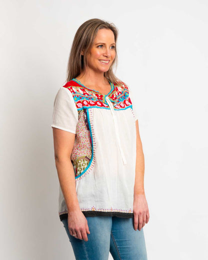 Embroidered Tunic Top in Moss Cotton and Cotton Silk