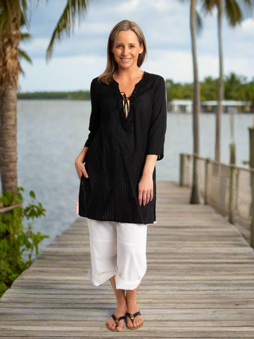 Beaded V-neck Black Kurta Style Top