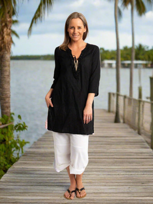 Beaded V-neck Black Kurta Style Top