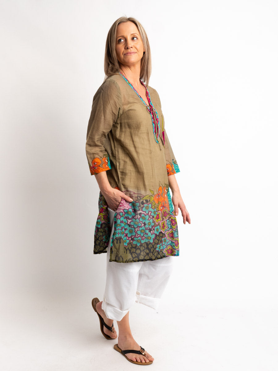 Beaded Long Top with Tie in Olive, Sea Green and Orange Print