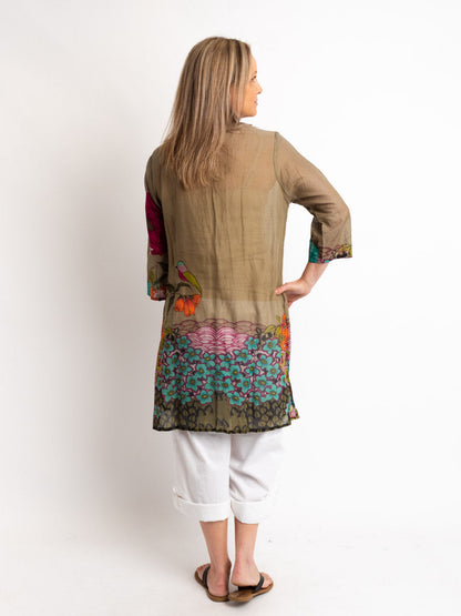 Beaded Long Top with Tie in Olive, Sea Green and Orange Print
