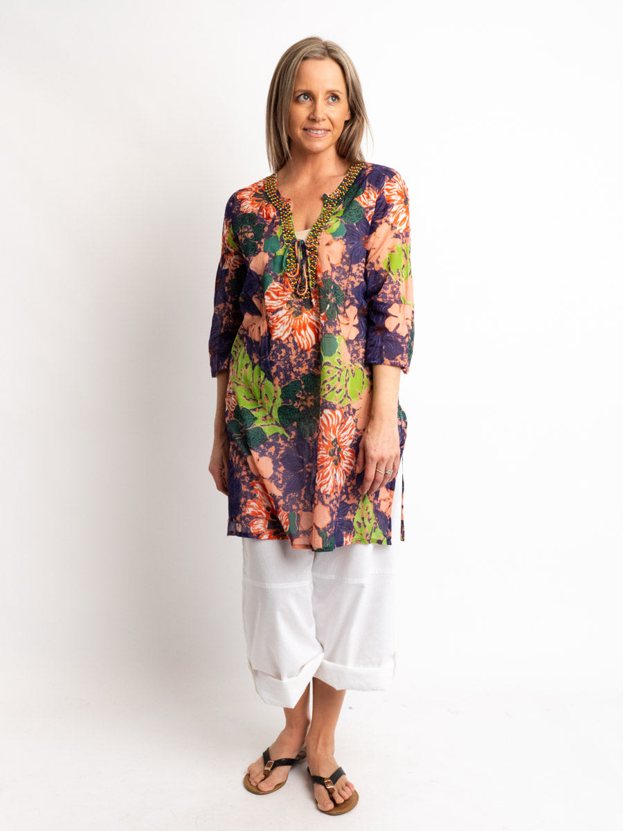 Long Top with Beaded V-neck in Grape and Flamingo Themed Print