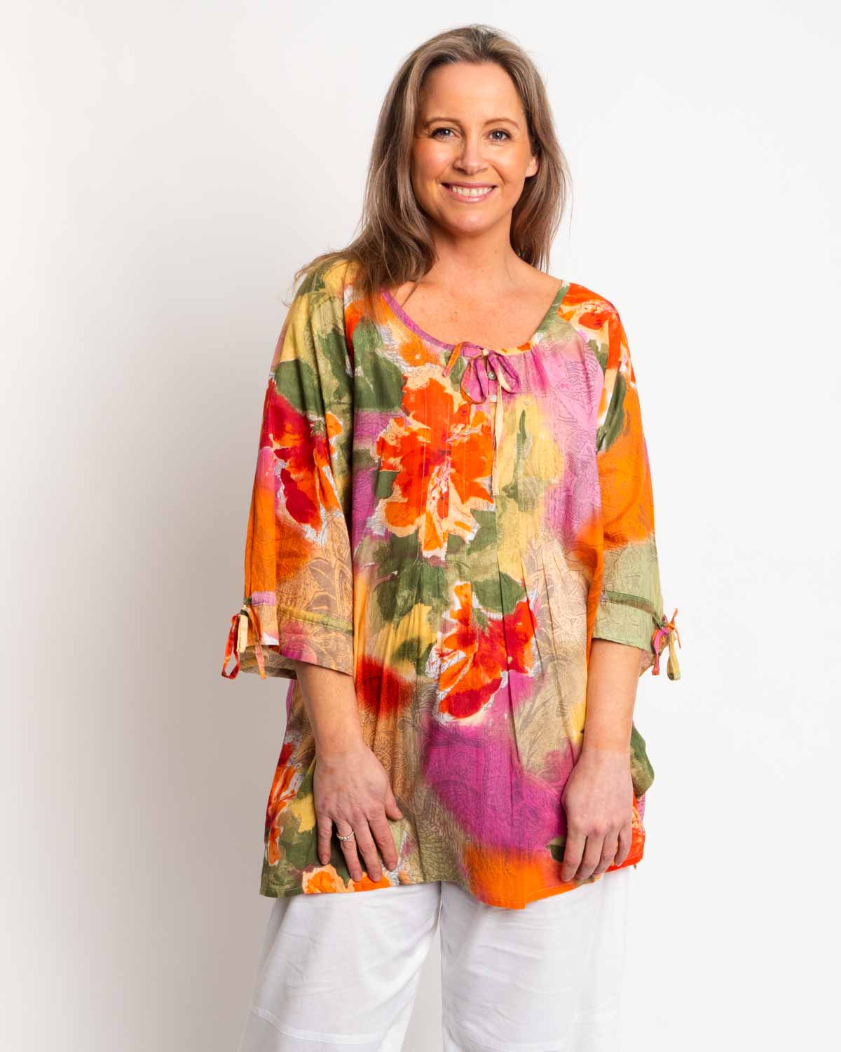 Pleated Round Neck Top in Orange Pink print