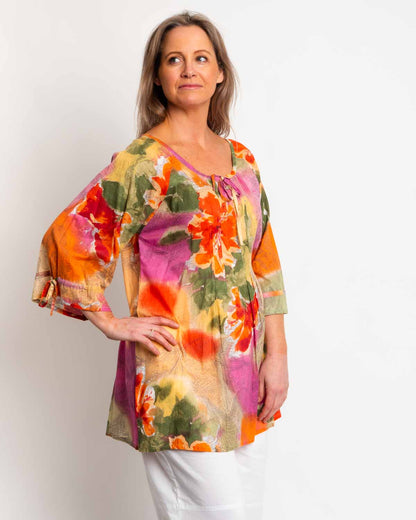 Pleated Round Neck Top in Orange Pink print
