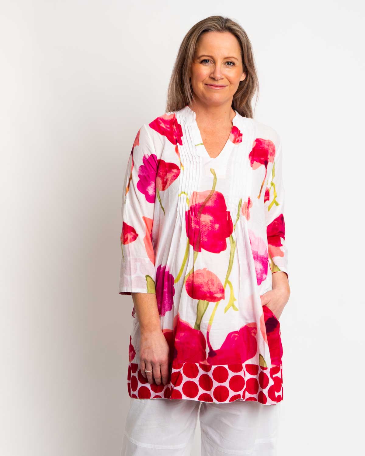 Pleated Long V-neck Top in Red Floral