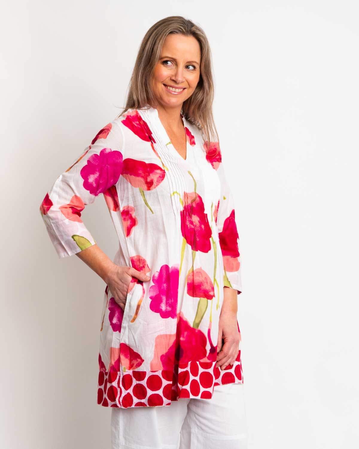 Pleated Long V-neck Top in Red Floral