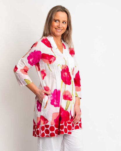 Pleated Long V-neck Top in Red Floral