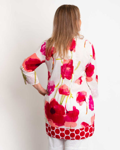 Pleated Long V-neck Top in Red Floral