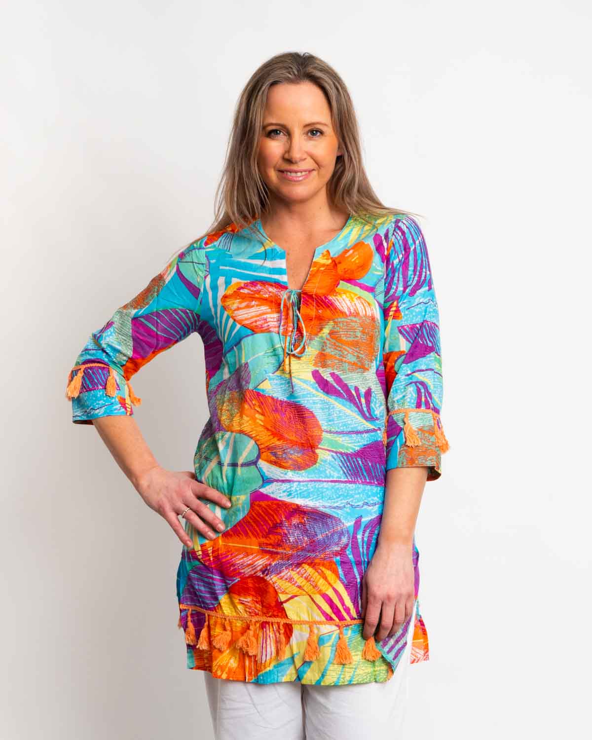 Kurta Style Top in Turquoise Orange Print