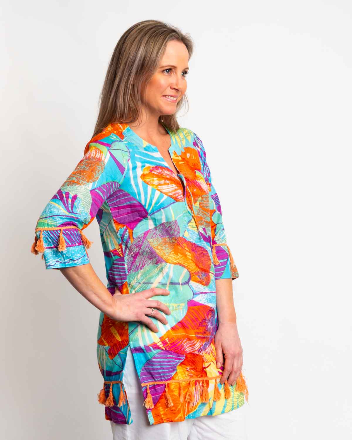 Kurta Style Top in Turquoise Orange Print