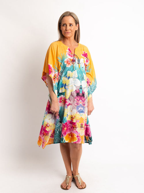 V-neck Dress Length Kaftan in Embroidered Apricot Floral