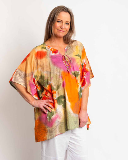 Too Easy Poncho Style V-neck Top in Orange Pink