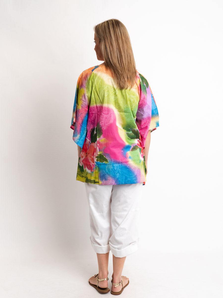 Too Easy Poncho Style V-neck Top in Embroidered Pastels