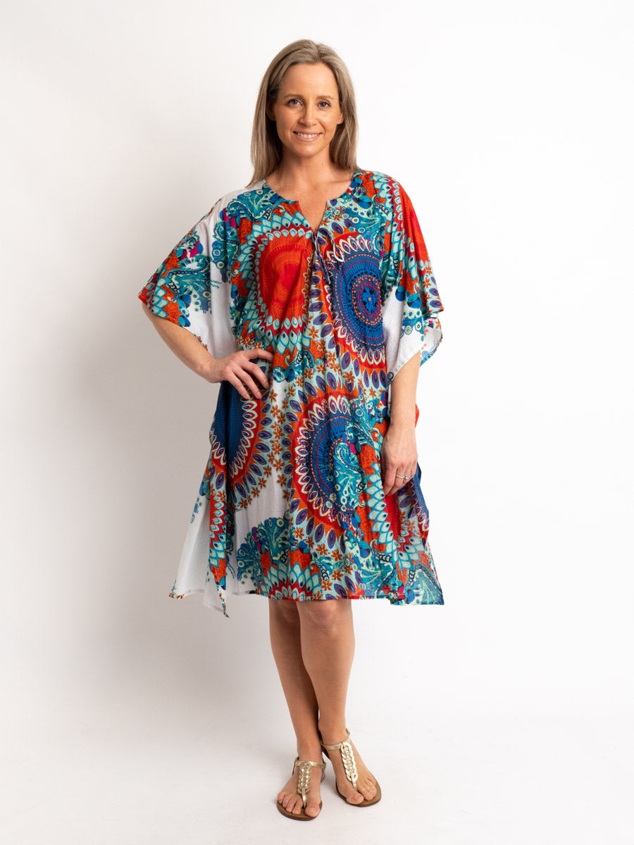 V-neck Dress Length Kaftan in Blue and Red Circles on White