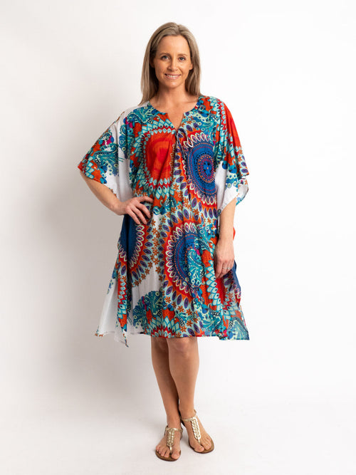 V-neck Dress Length Kaftan in Blue and Red Circles on White