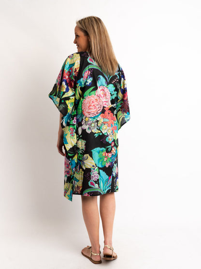 V-neck Dress Length Kaftan in Black Floral