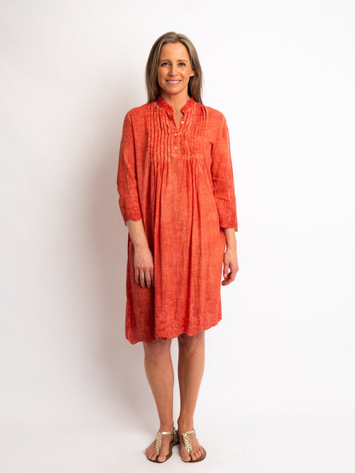 Pleated Knee-length Summer Dress in Ochre Wash