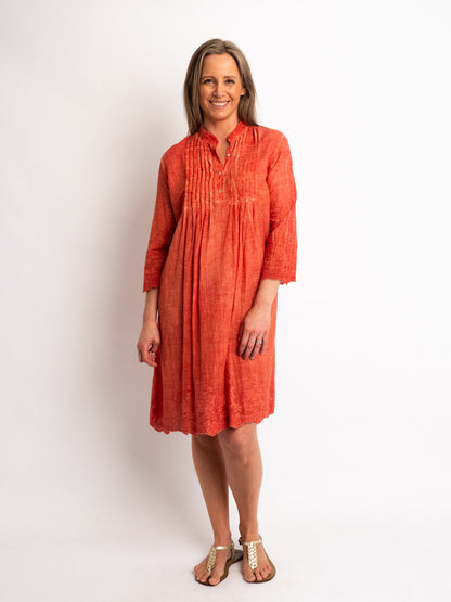 Pleated Knee-length Summer Dress in Ochre Wash