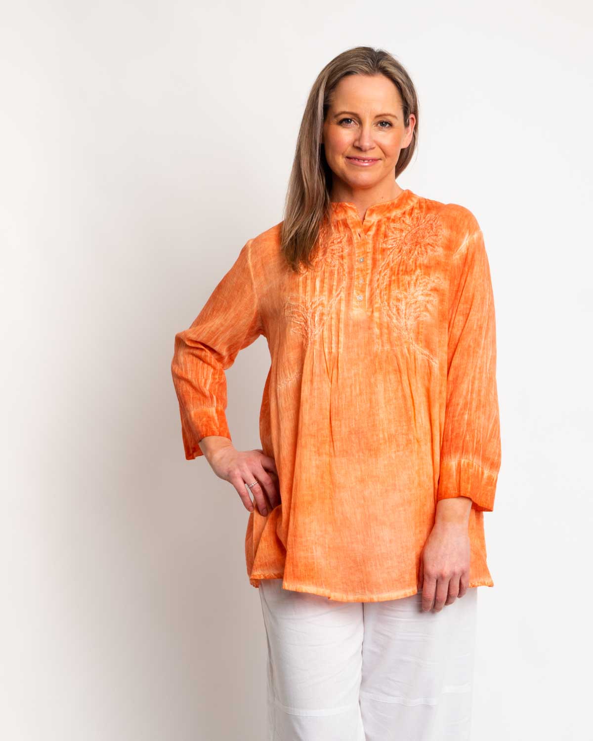 Embroidered Summer Top in Tangerine Wash