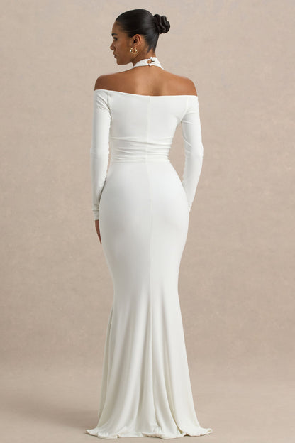 Living High | White Halter-Neck Maxi Dress With Long Sleeves