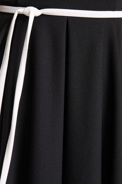 Nataline | Black Round-Neck Midi Dress With White Belt-Detail