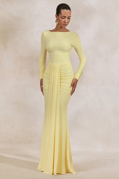 Liatris | Lemon Wide-Neck Maxi-Dress With Gathered-Detailing