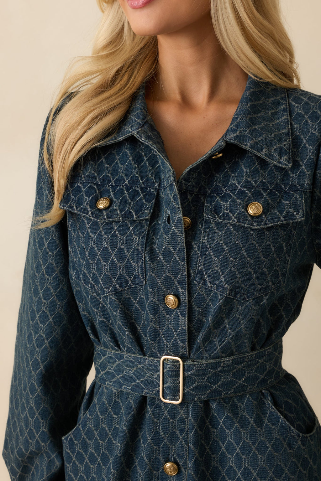 Just As I Said Blue Cotton Patterned Denim Belted Midi Dress