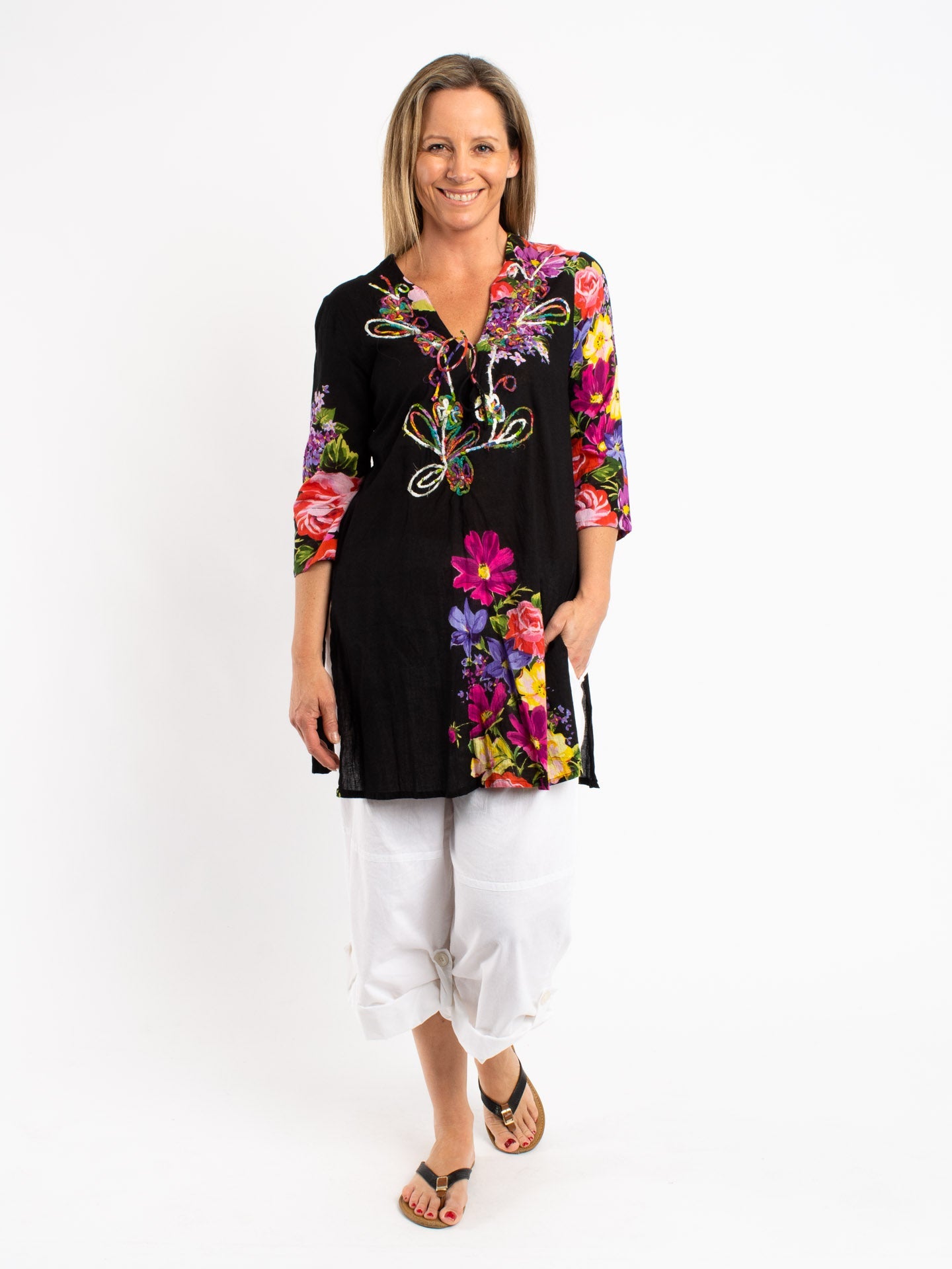 Hand Embroidered Black Floral Top