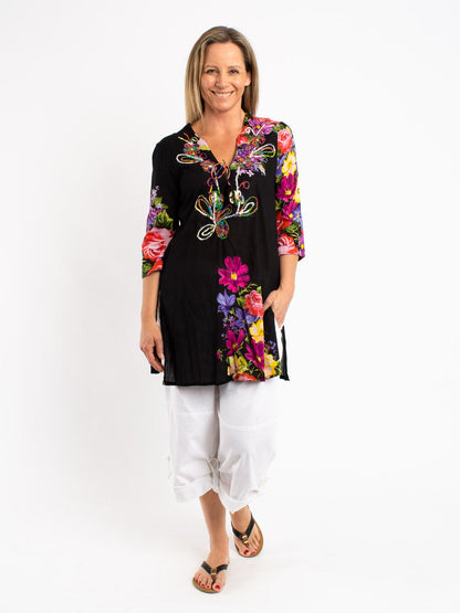 Hand Embroidered Black Floral Top