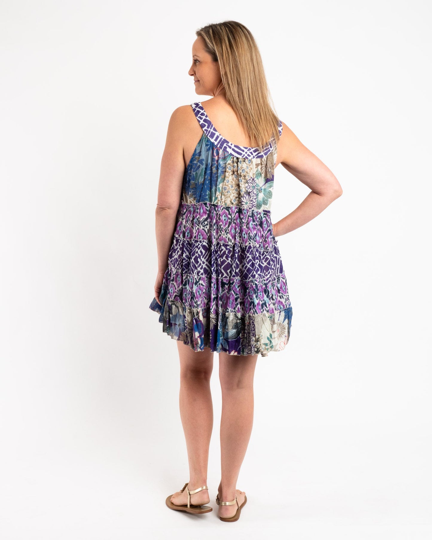 Mixed Print Panelled Short Dress in Blue Garden