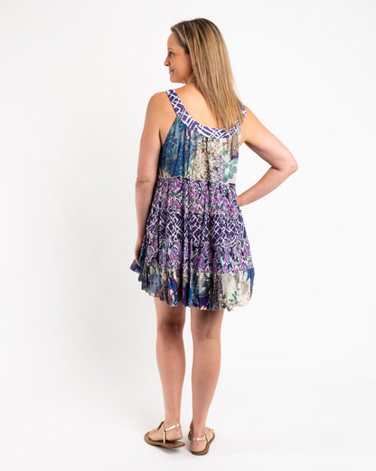 Mixed Print Panelled Short Dress in Blue Garden