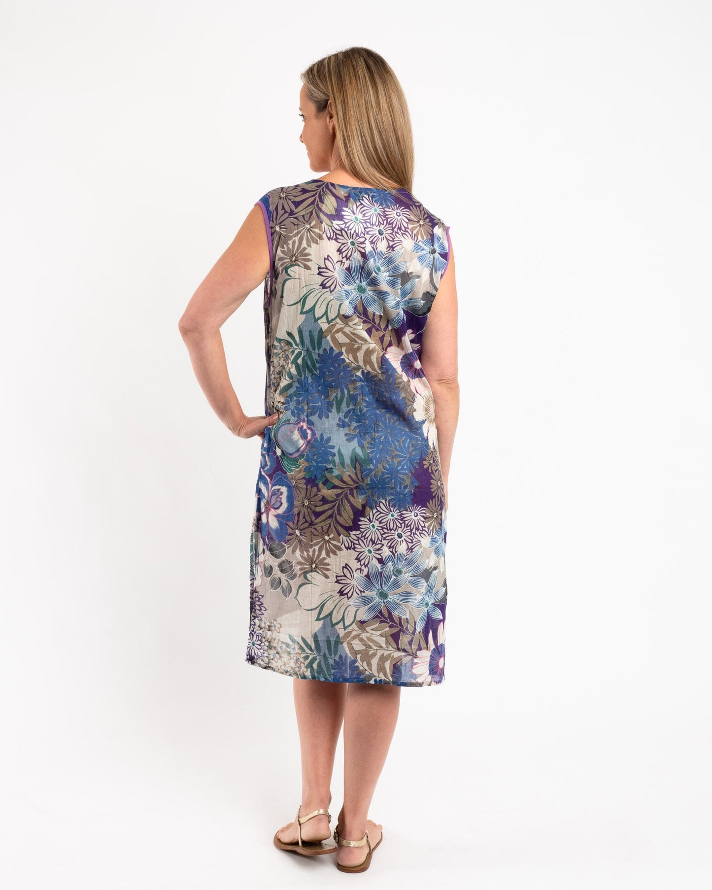 Sleeveless Summer Shift Dress with Embellished V-neck in Blue Mauve Floral