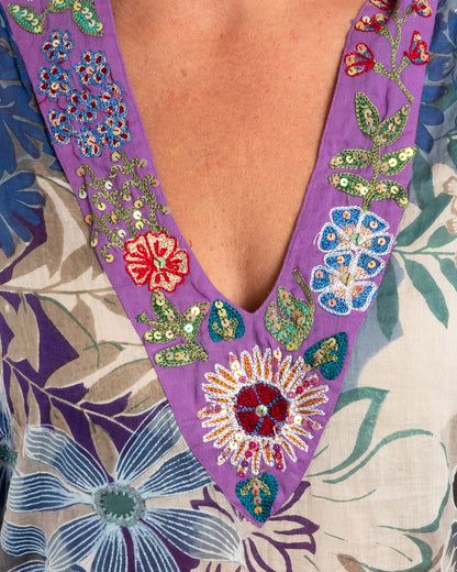 Sleeveless Summer Shift Dress with Embellished V-neck in Blue Mauve Floral