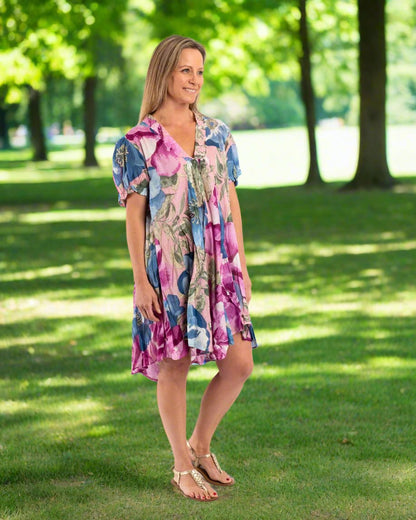 A-line Cap Sleeve Flowing Dress with Beaded V-neck