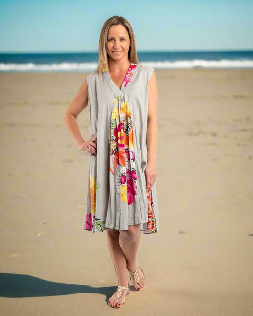 A-line Sleeveless Dress in Grey Floral