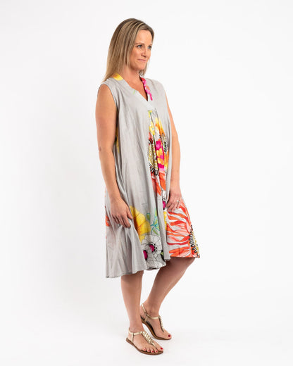 A-line Sleeveless Dress in Grey Floral